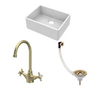 Balterley Fireclay 1 Bowl Butler Sink Overflow Waste Tap Brushed Brass 595mm in White Balterley White