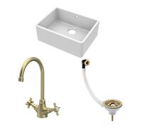 Fireclay Kitchen Bundle - 595mm Single Bowl Butler Sink + Overflow, Waste & Mono Crosshead Handle Tap in Brushed Brass - Balterley