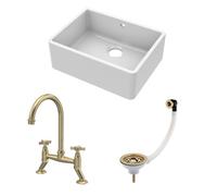 Fireclay Kitchen Bundle - 595mm Single Bowl Butler Sink With Overflow, Waste & Bridge Mixer Kitchen Tap, Brushed Brass - Balterley