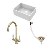 Balterley Fireclay 1 Bowl Butler Sink Waste Handle Tap Brushed Brass 595mm in White Balterley White