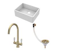 Fireclay Kitchen Bundle - 595mm Single Bowl Butler Sink with Overflow, Waste & Mono Lever Handle Tap in Brushed Brass - Balterley