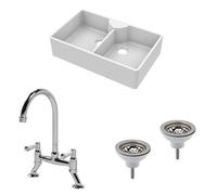 Fireclay Kitchen Bundle - 895mm Double Bowl Butler Sink with 2 Wastes & Bridge Lever Tap - Chrome