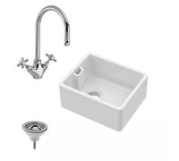 Fireclay Kitchen Bundle - Compact 460mm Belfast Sink + Overflow, Strainer Waste