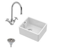 Fireclay Kitchen Bundle - Compact 460mm Belfast Sink + Overflow, Strainer Waste & Mono Sink Mixer Tap in White Finish by Balterley