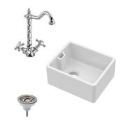 Fireclay Kitchen Bundle - Compact 460mm Belfast Sink With Overflow, Strainer Waste & French Classic Kitchen Mixer Tap By Balterley