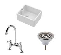 Fireclay Kitchen Bundle - Compact 460mm Single Bowl Belfast Sink + Strainer Waste & Bridge Kitchen Mixer Tap - Chrome By Balterley