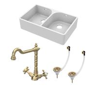 Balterley Fireclay 2 Bowl Full Weir Butler Sink Wastes Tap Brushed Brass 795mm in White Balterley White