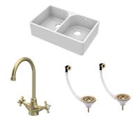 Balterley Fireclay 2 Bowl Full Weir Butler Sink Wastes Tap Brushed Brass 795mm in White Balterley White