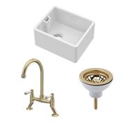Fireclay Kitchen Bundle: Single Bowl Belfast Sink, Strainer Waste & Bridge Lever Tap, 460mm - Brushed Brass
