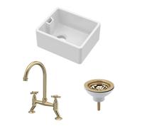 Fireclay Kitchen Bundle: Single Bowl Belfast Sink, Strainer Waste & Bridge Tap, 460mm - Brushed Brass