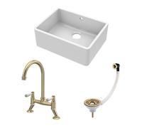 Fireclay Kitchen Bundle: Single Bowl Butler Sink and Overflow, Waste & Bridge Lever Mixer Kitchen Tap, 595mm - Brushed Brass