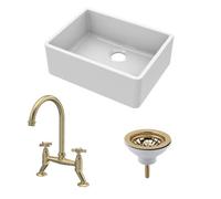 Fireclay Kitchen Bundle - Single Bowl Butler Sink, Strainer Waste & Bridge Crosshead Mixer Tap, 595mm - Brushed Brass - Balterley