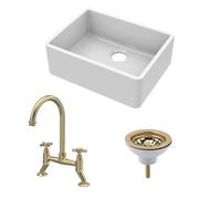 Balterley Single Bowl Butler Sink, Strainer Waste & Bridge Crosshead Mixer Tap in White Balterley White