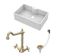Fireclay Kitchen Bundle - Single Bowl Butler Sink with Overflow & Ledge, Waste & Classic Tap, 795mm - Brushed Brass - Balterley