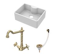 Fireclay Kitchen Bundle - Single Bowl Butler Sink with Overflow, Tap Ledge, Waste & Classic Tap, 595mm - Brushed Brass - Balterley