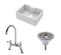 Fireclay Kitchen Bundle - Single Bowl Butler Sink with Tap Ledge, Waste & Bridge Mixer Tap, 595mm - Chrome - Balterley
