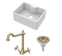 Fireclay Kitchen Bundle - Single Bowl Butler Sink with Tap Ledge, Waste & Classic Tap, 595mm - Brushed Brass - Balterley