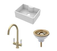 Fireclay Kitchen Bundle - Single Bowl Butler Sink with Tap Ledge, Waste & Mono Lever Tap, 595mm - Brushed Brass - Balterley