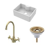 Fireclay Kitchen Bundle Single Bowl Butler Sink With Tap Ledge, Waste & Mono Mixer Tap, 595mm Brushed Brass Finish By Balterley