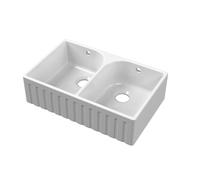 Balterley 795mm Butler White Kitchen Sink, Fluted Front Double Bowl with Overflow Hole, No Tap Hole, Durable Butler Fireclay Ceramic Kitchen Sink Bowl, Apron Front Sinks - 795 x 500 x 220mm (White)