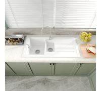 Balterley Ceramic Kitchen Sink with Drainer & Overflow Hole, 101cm Bowl Inset Fireclay White Kitchen Sink, 1.5 Double Bowl Reversible Sinks with Grooved Drainer - 1010 x 525 x 235mm (White)
