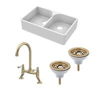 Fireclay Kitchen Sink Bundle - 2 Bowl Stepped Weir Butler Sink, Wastes & Bridge Lever Tap, 795mm - Brushed Brass