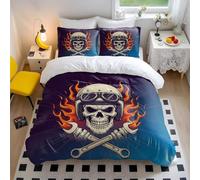 Fired Skull Knight Duvet Cover Set, Vintage Motorcycle Tattoo Art Bedding for Hardcore Enthusiasts (02,Single + 80 x 80cm x2)