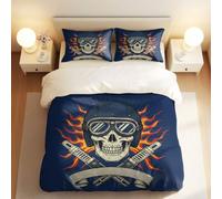 Fired Skull Knight Duvet Cover Set, Vintage Motorcycle Tattoo Art Bedding for Hardcore Enthusiasts (04,King + 50 x 75cm x2)