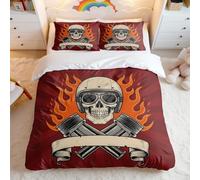 Fired Skull Knight Duvet Cover Set, Vintage Motorcycle Tattoo Art Bedding for Hardcore Enthusiasts (05,King + 80 x 80cm x2)