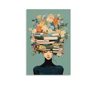 FireDeer Girl Reading Book Wall Art Inspirational Poster Flower on Head Vintage Painting Ideal for Library Classroom Tween Girl Room Decor (02- book head,16x24inch-Unframe)