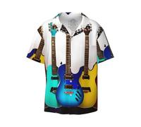 Firefighter American Flag Men's Cotton Shirt Men's Short-Sleeved Shirt Button Casual Shirt Loose Top Holiday, Colorful Guitars, Medium