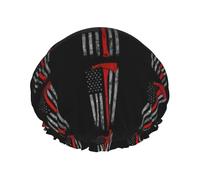 Firefighter Axe Red Line Flag Print Reusable Double Layer Shower Hat Elastic Band Design, Fits Most Head Sizes