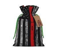 (Firefighter Axe Red Line Flag) Printed Christmas M Size Gift Bags with Green Ribbon Drawstring Candy Bags for Kids Xmas Holiday Christmas Eve Presents