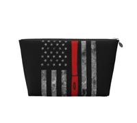 Firefighter Axe Red Line Flag Printed Leather Travel Toiletry Makeup Bag with Silver Zipper for Women on the Go