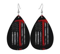 Firefighter Axe Red Line Flag Printed Teardrop Pendant Leather Earrings | Lightweight and Versatile Earrings | Suitable for Daily Commute and Date Wear