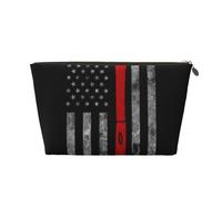 Firefighter Axe Red Line Flag Womens Makeup Bag Leather Travel Toiletry Organizer Wash Bag Cosmetic Pouch with Zipper Girls Handbag Gold