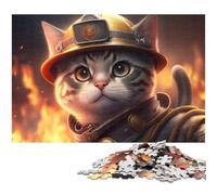 Firefighter Cat 1000 Piece Puzzle Wooden Jigsaw Puzzles DIY Decoration, Brain Challenge, for Adult, Family, 50x75CM/19.68x29.52inch