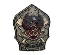 Firefighter Commemorative Coin - Shield-Shaped Challenge Coin with Eagle, Axe, and Courage-Honor-Sacrifice Emblems - UV Enamel Iron Coin Honoring First Responders and Heroes