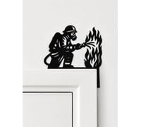 Firefighter Door Topper, Black Plastic Silhouette Wall Decor, Firefighter with Hose and Flames Design, Door Frame Decoration for Fire Station, Home Office, Man Cave