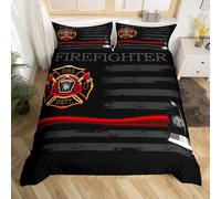 Firefighter Duvet Cover Double Size,American Flag Geometric Stripes Bedding Set,Boys Girls Adults Room Decor,Fire Fighting Truck Tools Comforter Cover,Red Black Fashion Quilt Cover,2 Pillowcases
