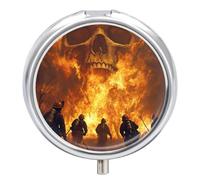 Firefighter Fighting Flames Skull Round Pill Box Organiser 3 Compartment Portable Medicine Case