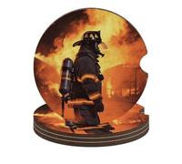 Firefighter Fireman Flame 4PCS Car Coasters Absorbent Drink Coasters with A Finger Universal Wood Coffee Coaster for Cup Holders Non-slip Car Cup Holder Coaster Cute Drink Mat Car Accessories for Wome