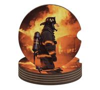 Firefighter Fireman Flame 6PCS Car Coasters Absorbent Drink Coasters with A Finger Universal Wood Coffee Coaster for Cup Holders Non-slip Car Cup Holder Coaster Cute Drink Mat Car Accessories for Wome