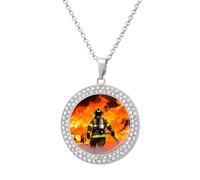 Firefighter Fireman Flame Diamond Necklace for Women Girlfriend 20" Chain Hypoallergenic Jewelry Memorial Couple Necklace Custom Photo Pendant Necklaces Birthday Anniversary Romantic Gift for Her, One