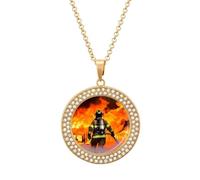 Firefighter Fireman Flame Diamond Necklace for Women Girlfriend 20" Chain Hypoallergenic Jewelry Memorial Couple Necklace Custom Photo Pendant Necklaces Birthday Anniversary Romantic Gift for Her, One