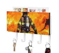 Firefighter Fireman Flame Key Holder for Wall with 5 Hooks Decorative Key Holder Wall Mount, Keys Hooks Coat Rack Wall Decor, Perfect for Bathroom, Living Room, Kitchen, Housewarming Gift
