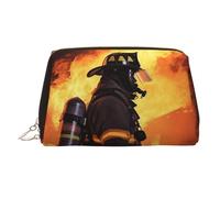 Firefighter Fireman Flame Makeup Bag for Women Cosmetic Bags Leather Travel Makeup Case Organizer Waterproof Make up Pouch Open Flat Toiletry Bag Portable Storage Pouch for Travelling, Gold, One Size