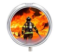 Firefighter Fireman Flame Metal Pill Organizer, 3 Compartment Waterproof Pill Case with Mirror for Purse Pocket Bag, Daily Medicine Vitamin Holder, Portable Travel Med Container(Round)