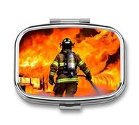 Firefighter Fireman Flame Pill Box 2 Compartment - Small Metal Medicine Organizer Portable Pill Case for Purse Pocket Travel Vitamin Organizer for Men Women, BPA-Free