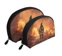 Firefighter Fireman Flame Portable Shell Cosmetic Bag Set - Travel Makeup Organiser with Zipper & Inner Compartments